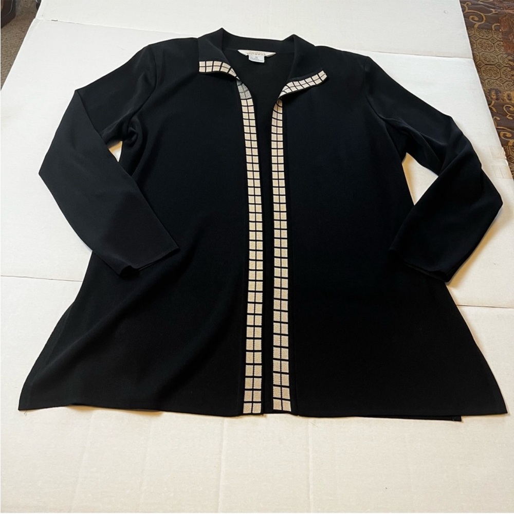 Misook Womens Size Medium Black Tan Open Cardigan Long Sleeve Blazer Knit Jacket